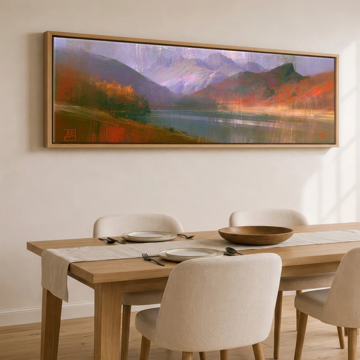 Autumn Colours at Blea Tarn Lake District Lake panoramic canvas wall art displayed above a dining table