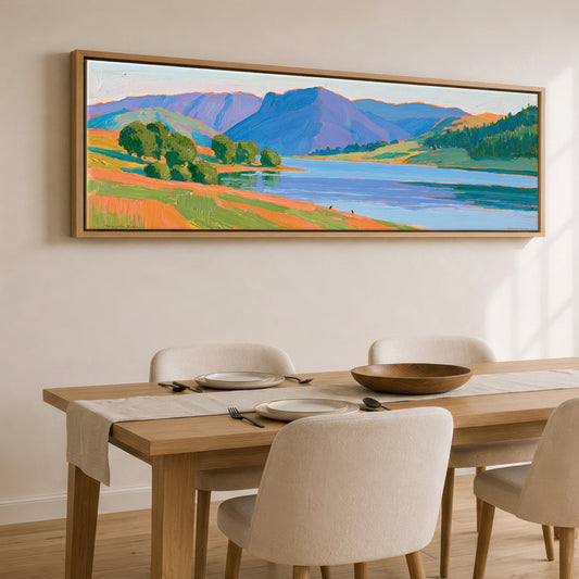 Vivid Fells Over Buttermere Lake District Lake panoramic canvas wall art displayed above a dining table