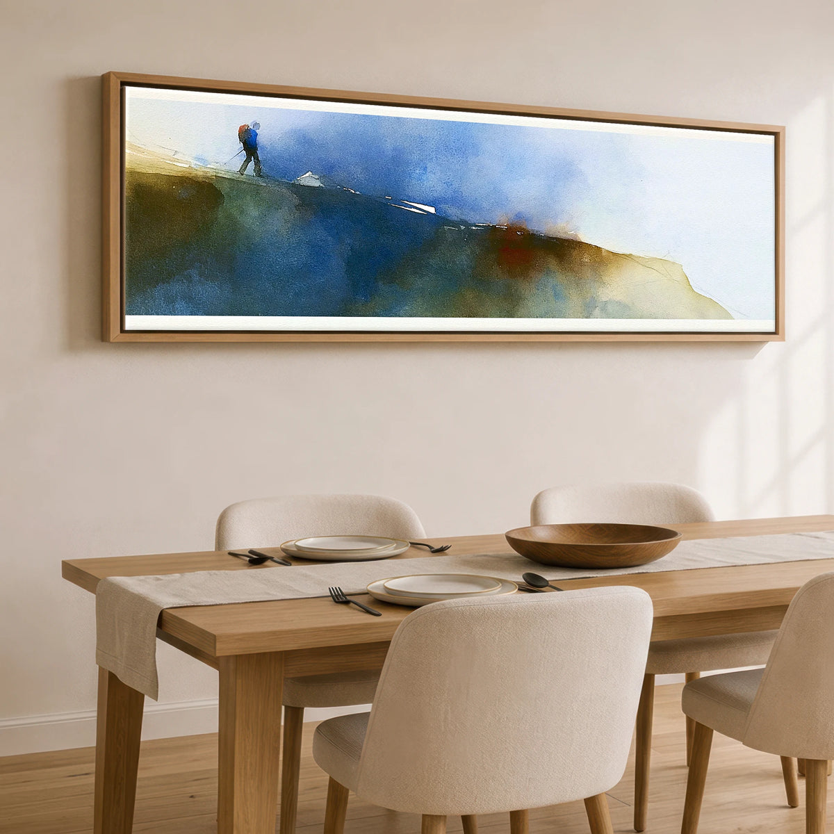 Fell Walker on Moody Striding Edge Lake District Walking panoramic canvas wall art displayed above a dining table