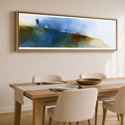 Fell Walker on Moody Striding Edge Lake District Walking panoramic canvas wall art displayed above a dining table