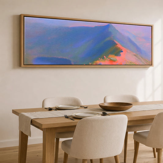 Striding Edge in Pink Twilight Lake District Walking panoramic canvas wall art displayed above a dining table