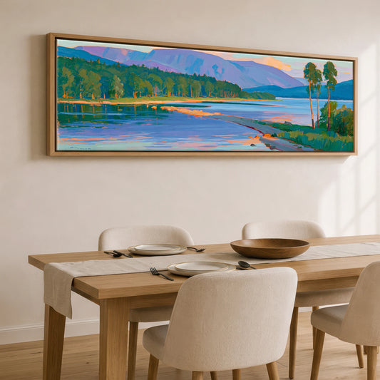 Vibrant Shores of Coniston Water Lake District Lake panoramic canvas wall art displayed above a dining table