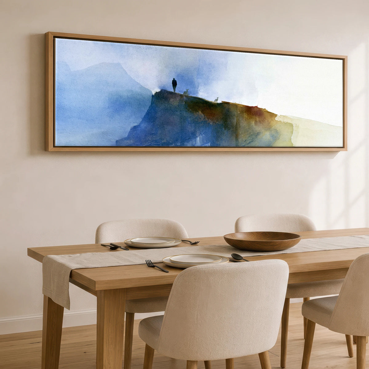Striding Edge Helvellyn in Blue Mist Lake District Walking panoramic canvas wall art displayed above a dining table