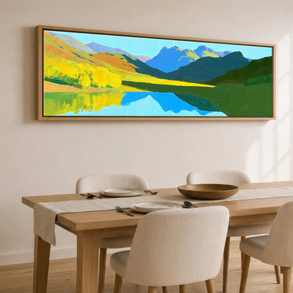 Luminous Fells and Azure Reflections Lake District Lake panoramic canvas wall art displayed above a dining table