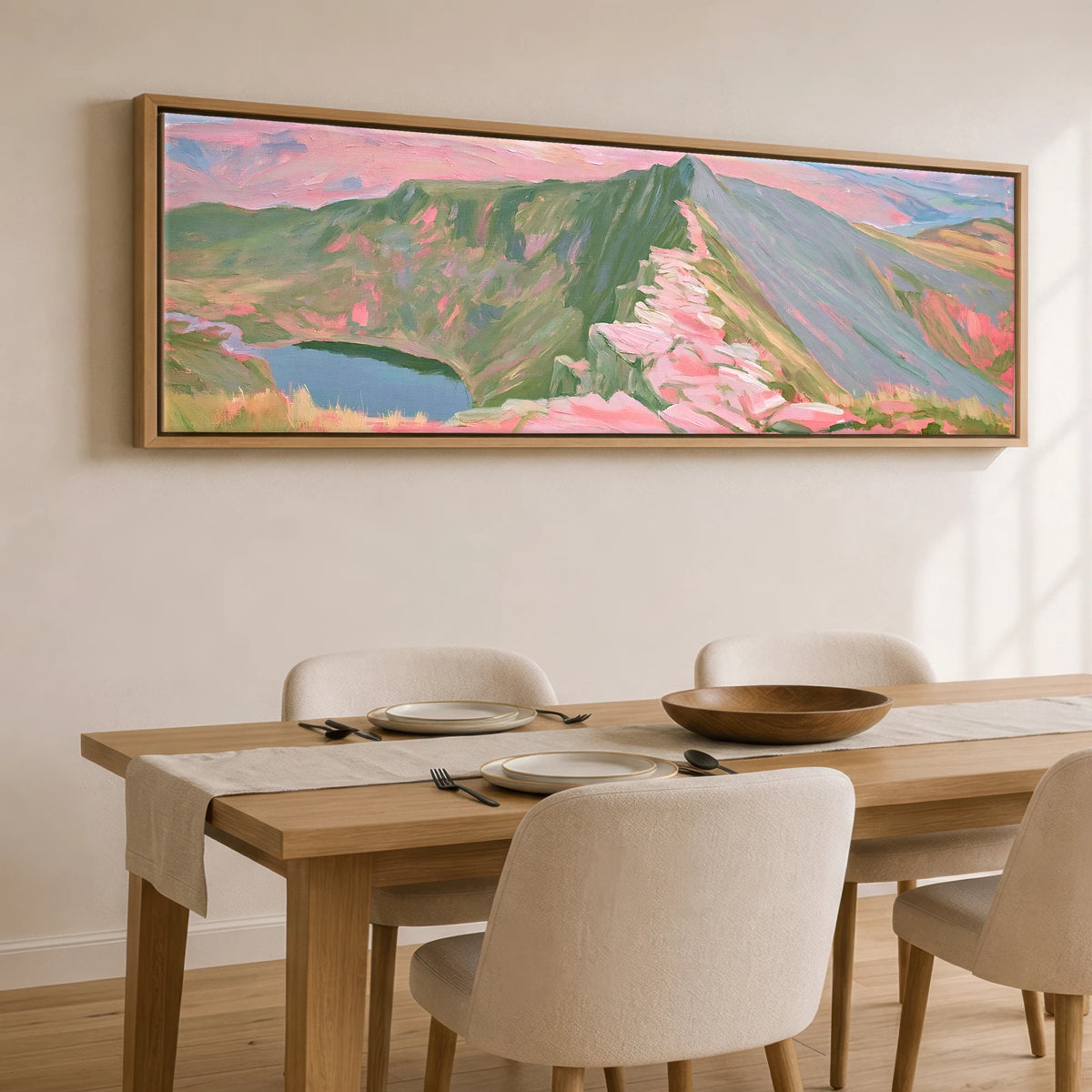 Pastel Light on Striding Edge Lake District Walking panoramic canvas wall art displayed above a dining table