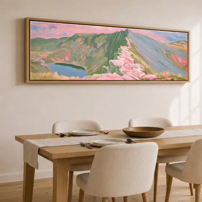 Pastel Light on Striding Edge Lake District Walking panoramic canvas wall art displayed above a dining table