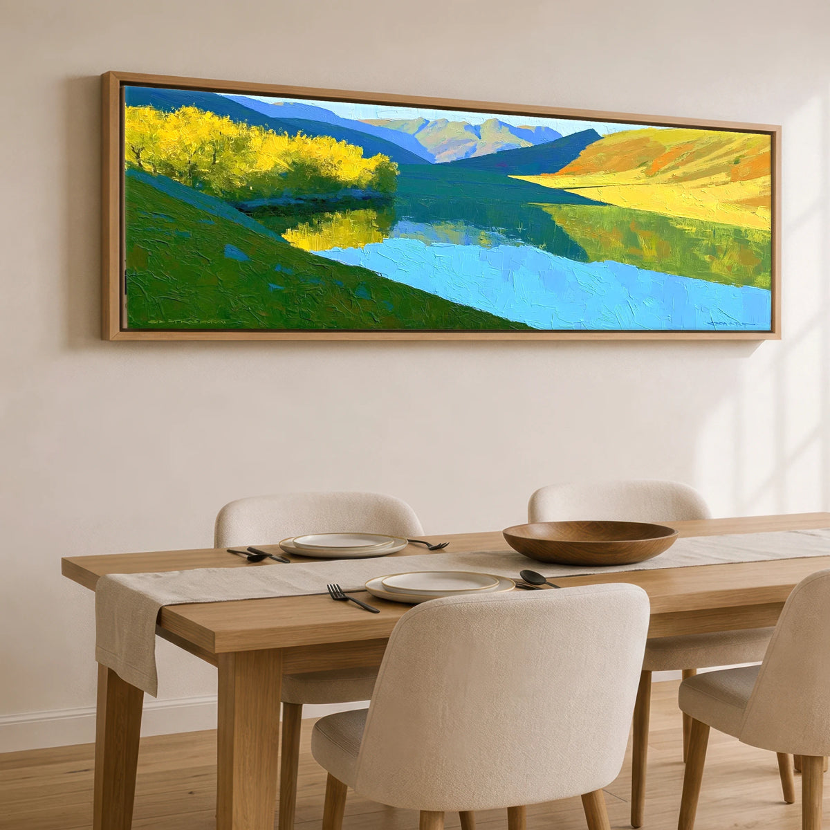 Azure Mountains and Golden Lake Fells Lake District Lake panoramic canvas wall art displayed above a dining table