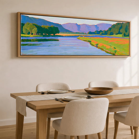 Vibrant River Duddon Valley Lake District Waterfall panoramic canvas wall art displayed above a dining table