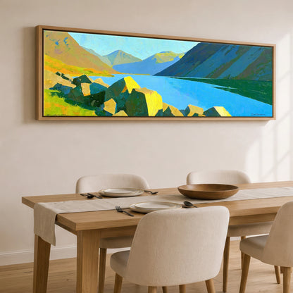 Wastwater Boulders and Sunlit Fells Lake District Lake panoramic canvas wall art displayed above a dining table