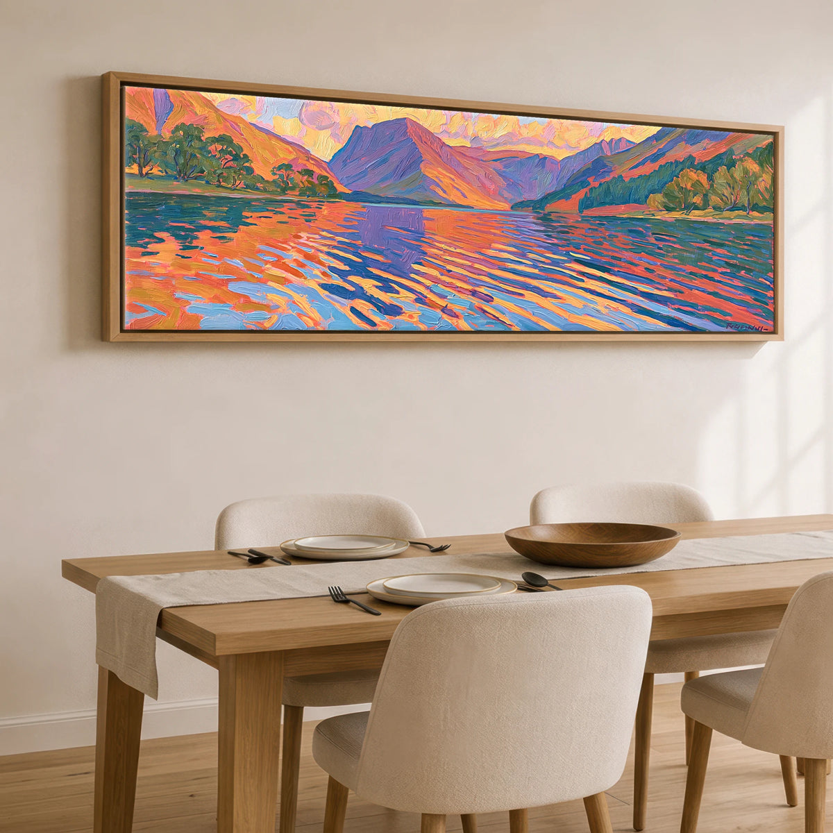 Sunset Glow over Wastwater Fells Lake District Lake panoramic canvas wall art displayed above a dining table