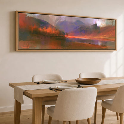Autumn Larches at Blea Tarn Lake District Lake panoramic canvas wall art displayed above a dining table
