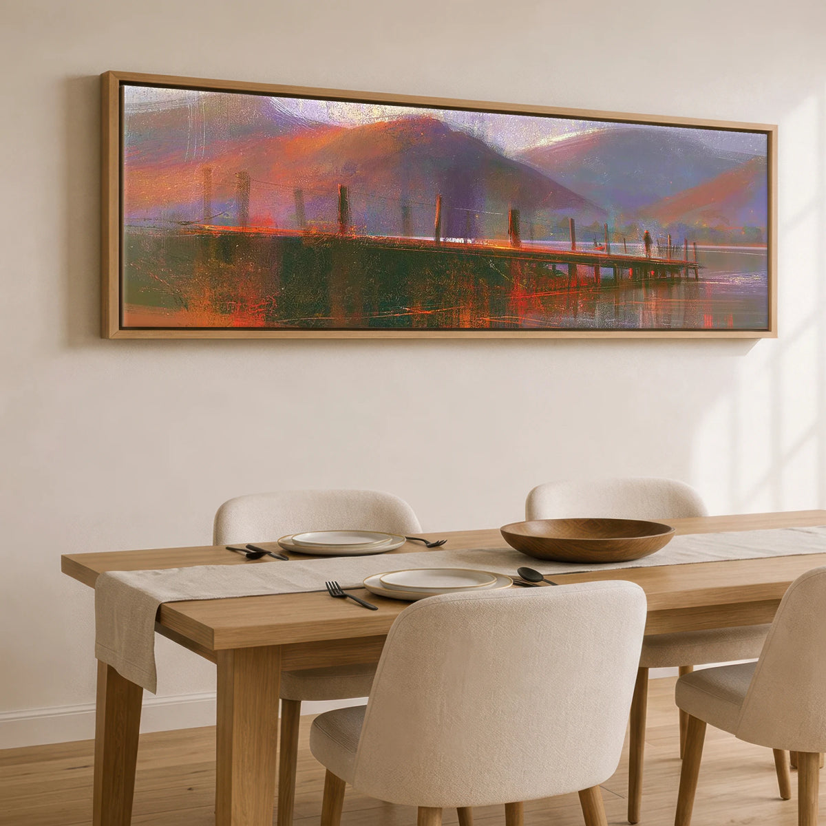 Derwentwater Jetty in Violet and Russet Lake District Lake panoramic canvas wall art displayed above a dining table