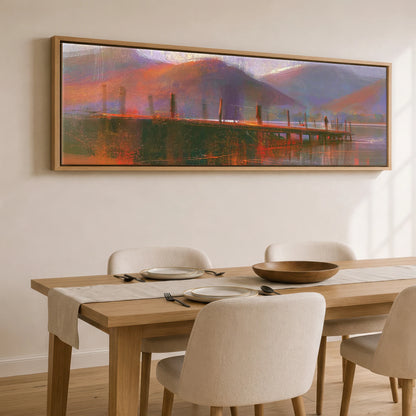 Derwentwater Jetty in Violet and Russet Lake District Lake panoramic canvas wall art displayed above a dining table
