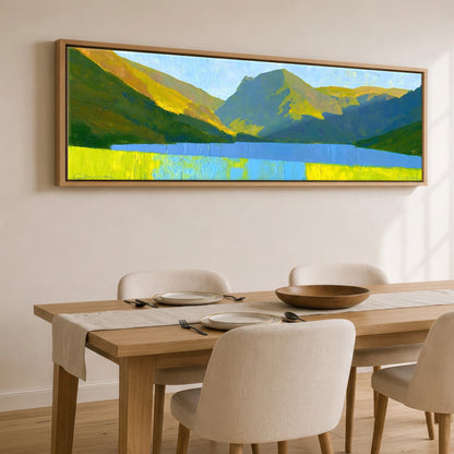 Luminous Fells Over Sapphire Water Lake District Lake panoramic canvas wall art displayed above a dining table