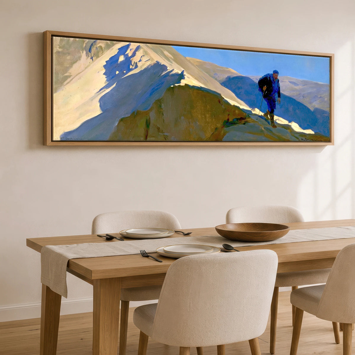 Walker on Sunlit Striding Edge Lake District Walking panoramic canvas wall art displayed above a dining table