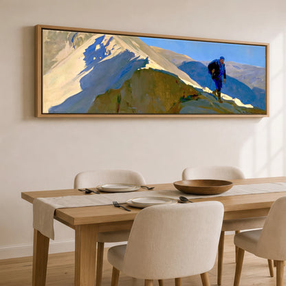 Walker on Sunlit Striding Edge Lake District Walking panoramic canvas wall art displayed above a dining table