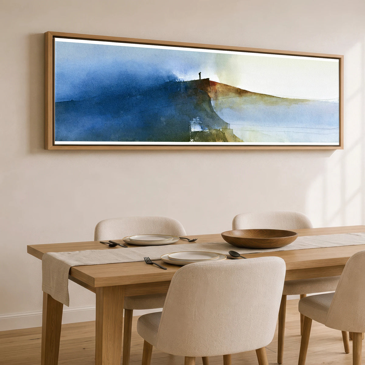 Striding Edge Walker in Indigo Lake District Walking panoramic canvas wall art displayed above a dining table