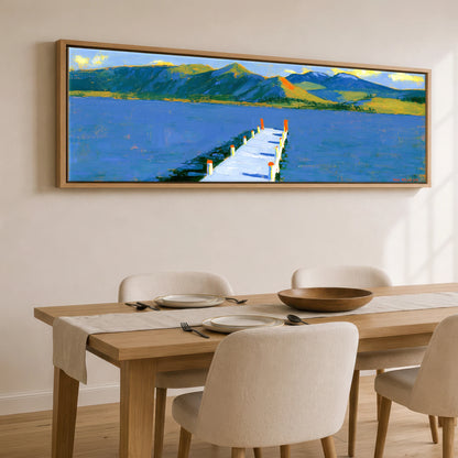 Derwentwater Jetty in Vibrant Light Lake District Lake panoramic canvas wall art displayed above a dining table