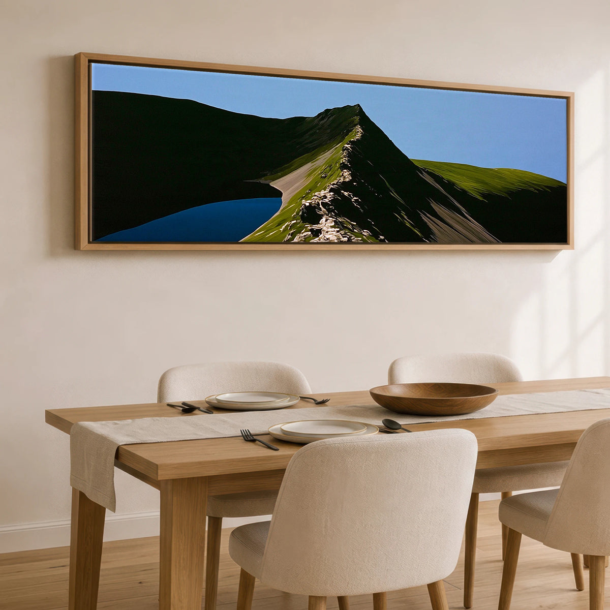 Dramatic Shadows on Striding Edge Helvellyn Lake District Walking panoramic canvas wall art displayed above a dining table