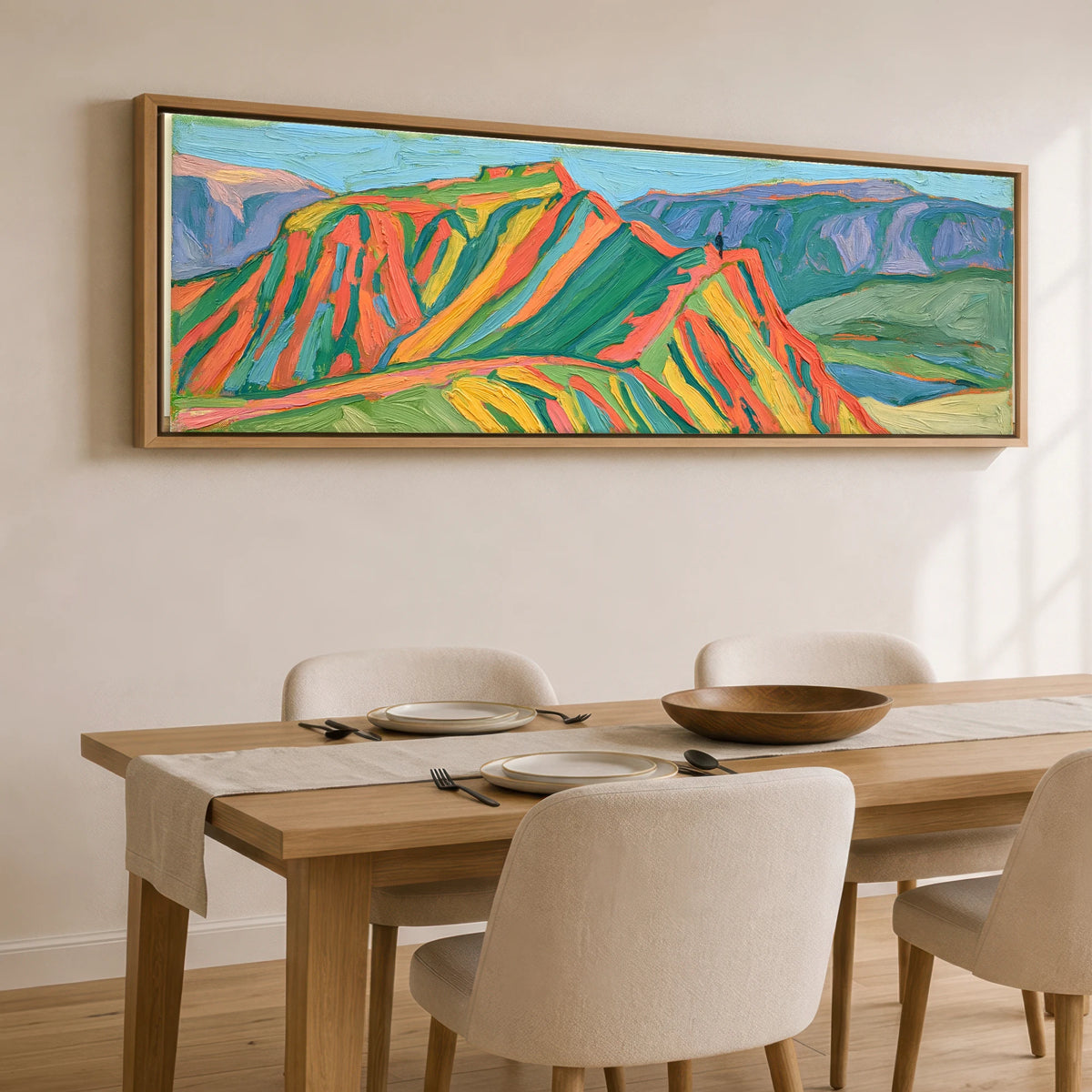 Vivid Striding Edge Helvellyn Lake District Walking panoramic canvas wall art displayed above a dining table