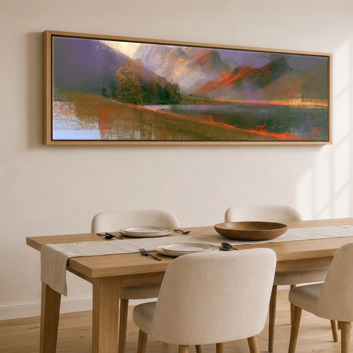 Autumn Light on Blea Tarn Lake District Lake panoramic canvas wall art displayed above a dining table