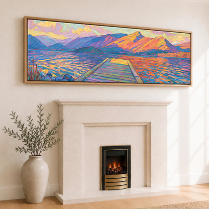 Golden Light over the Lakeside Jetty Lake District Lake panoramic canvas wall art displayed above a fireplace