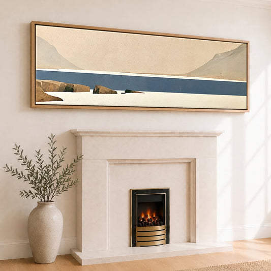 Stark Shores of Wastwater Lake District Lake panoramic canvas wall art displayed above a fireplace