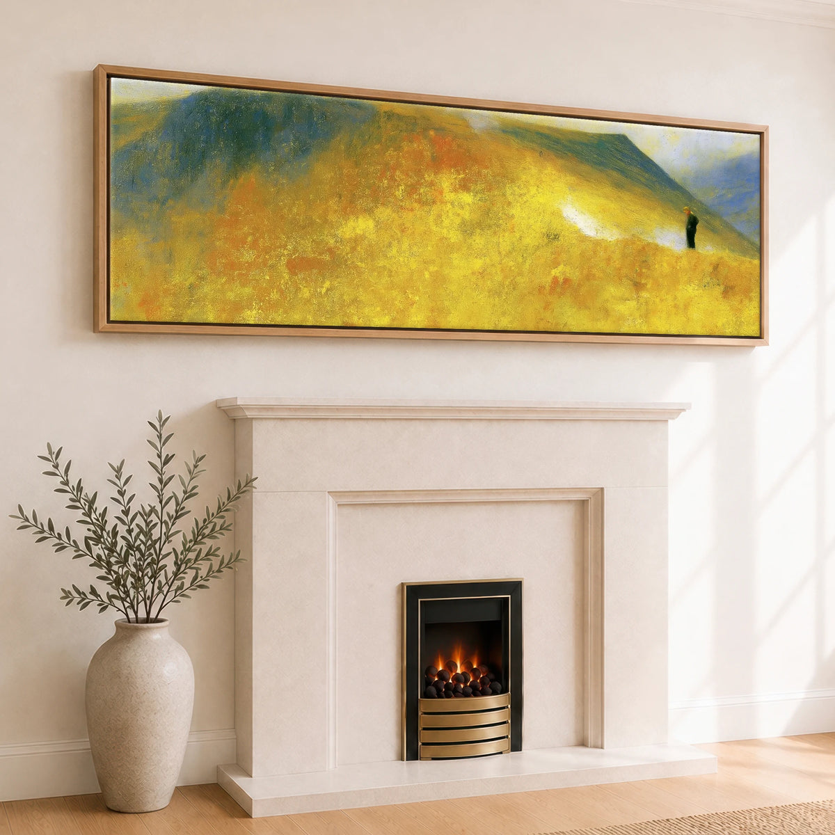 Golden Ridge Walk on Striding Edge Lake District Walking panoramic canvas wall art displayed above a fireplace