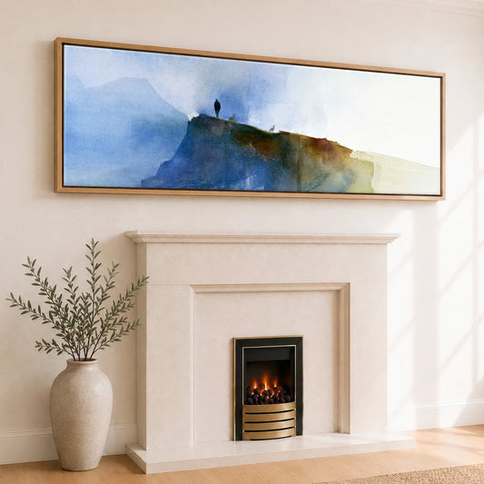 Striding Edge Helvellyn in Blue Mist Lake District Walking panoramic canvas wall art displayed above a fireplace