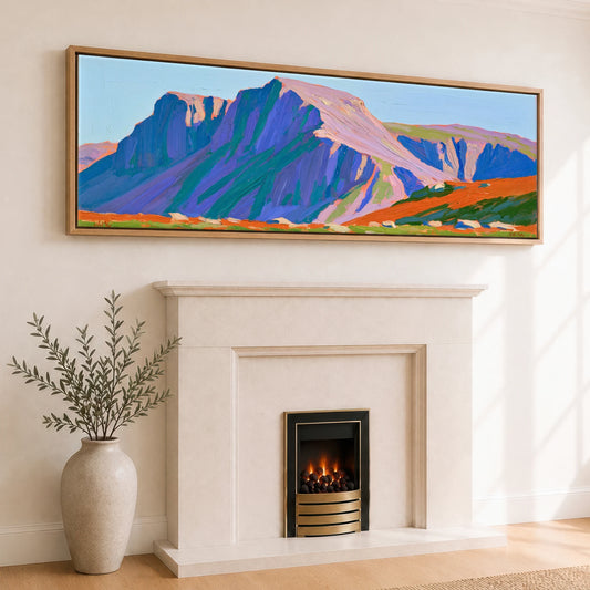 Bowfell Ridge in Vivid Colour Lake District Fell panoramic canvas wall art displayed above a fireplace