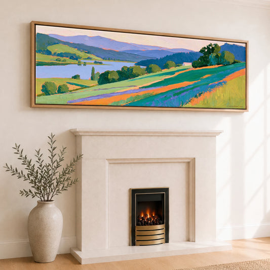 Vibrant Pastures Near Sawrey Lake District Village panoramic canvas wall art displayed above a fireplace