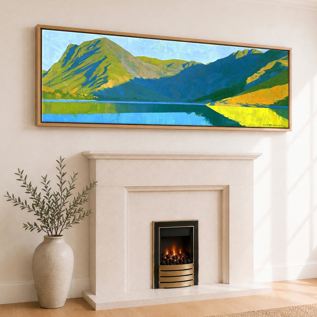 Sunlight and Shadow on Wast Water Screes Lake District Lake panoramic canvas wall art displayed above a fireplace