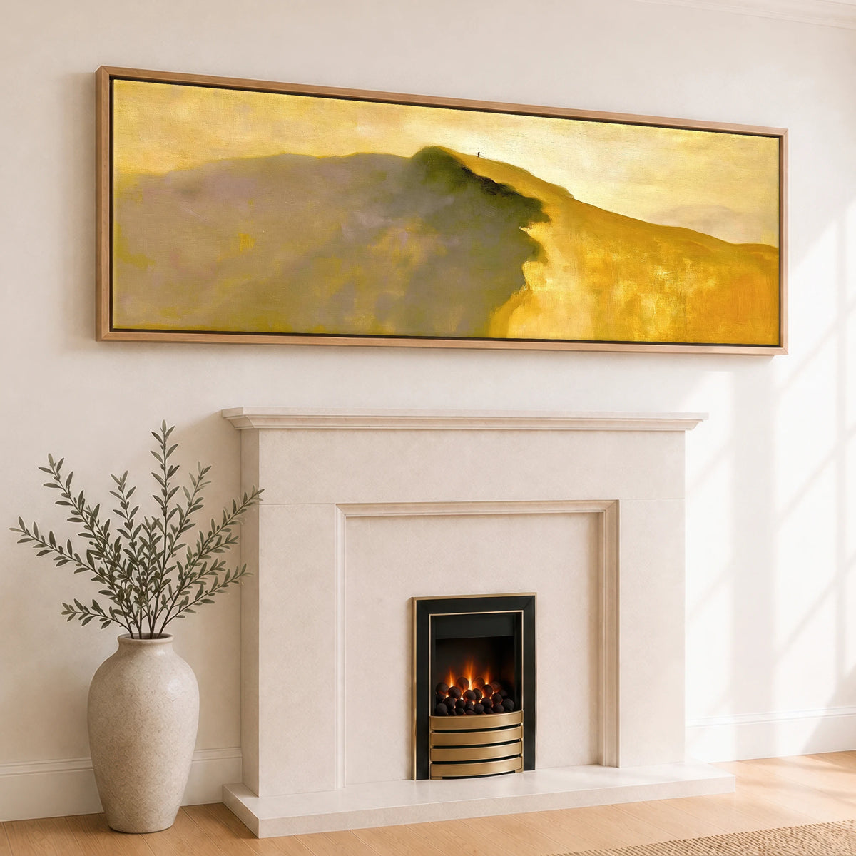 Striding Edge Walker in Golden Light Lake District Walking panoramic canvas wall art displayed above a fireplace