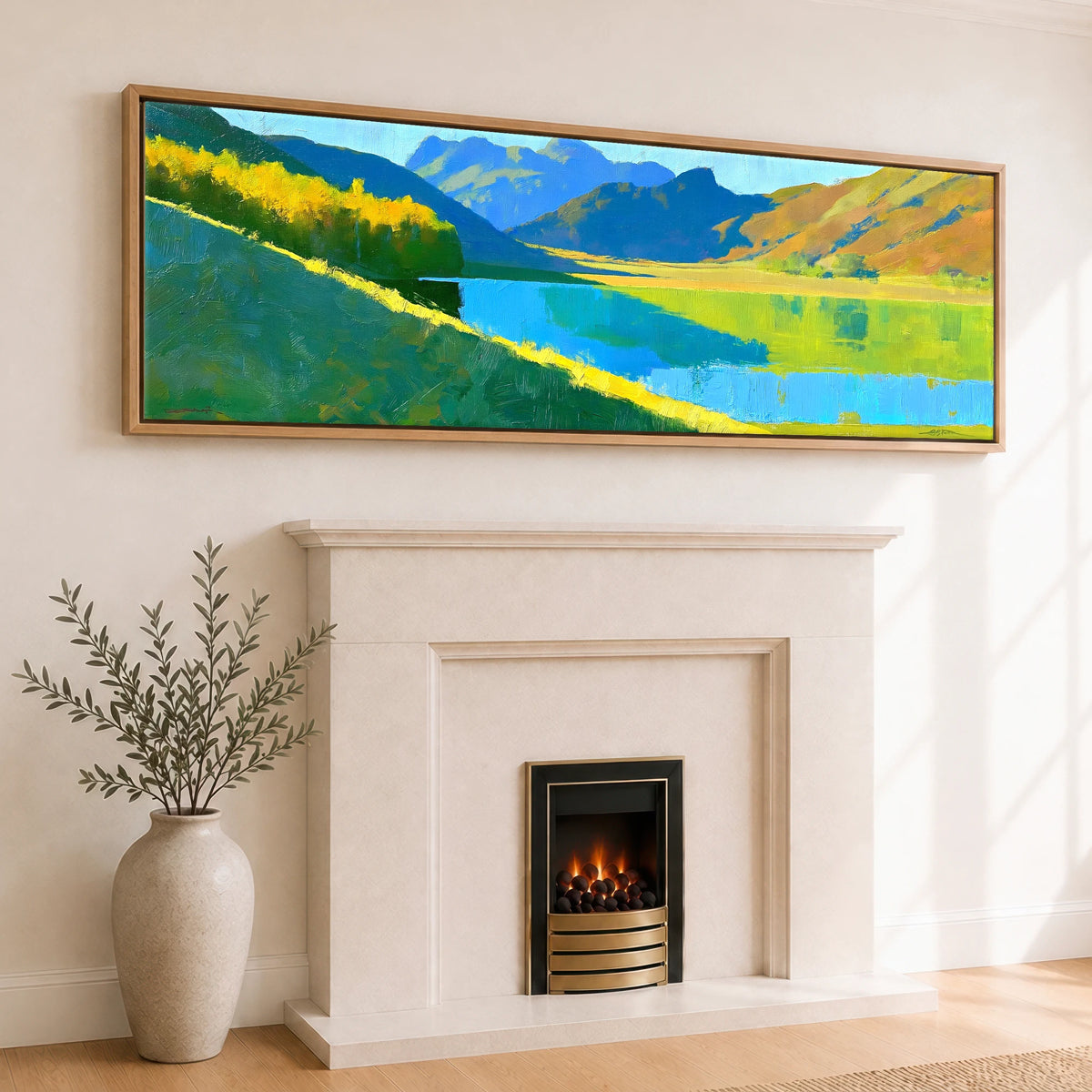 Sunlight and Blue Shadows over Buttermere Lake District Lake panoramic canvas wall art displayed above a fireplace