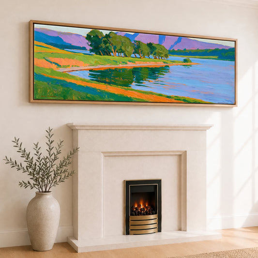 Radiant Fells Over Crummock Water Lake District Lake panoramic canvas wall art displayed above a fireplace