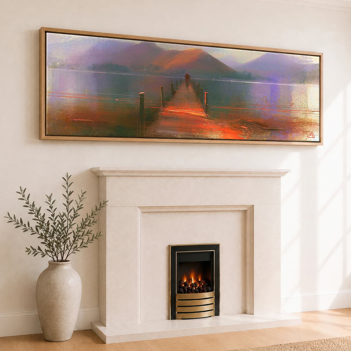 Derwentwater Jetty under Violet Fells Lake District Lake panoramic canvas wall art displayed above a fireplace