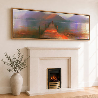 Derwentwater Jetty under Violet Fells Lake District Lake panoramic canvas wall art displayed above a fireplace