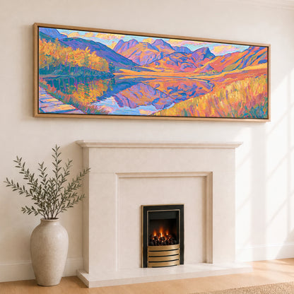 Amber Light Over Blea Tarn Lake District Lake panoramic canvas wall art displayed above a fireplace