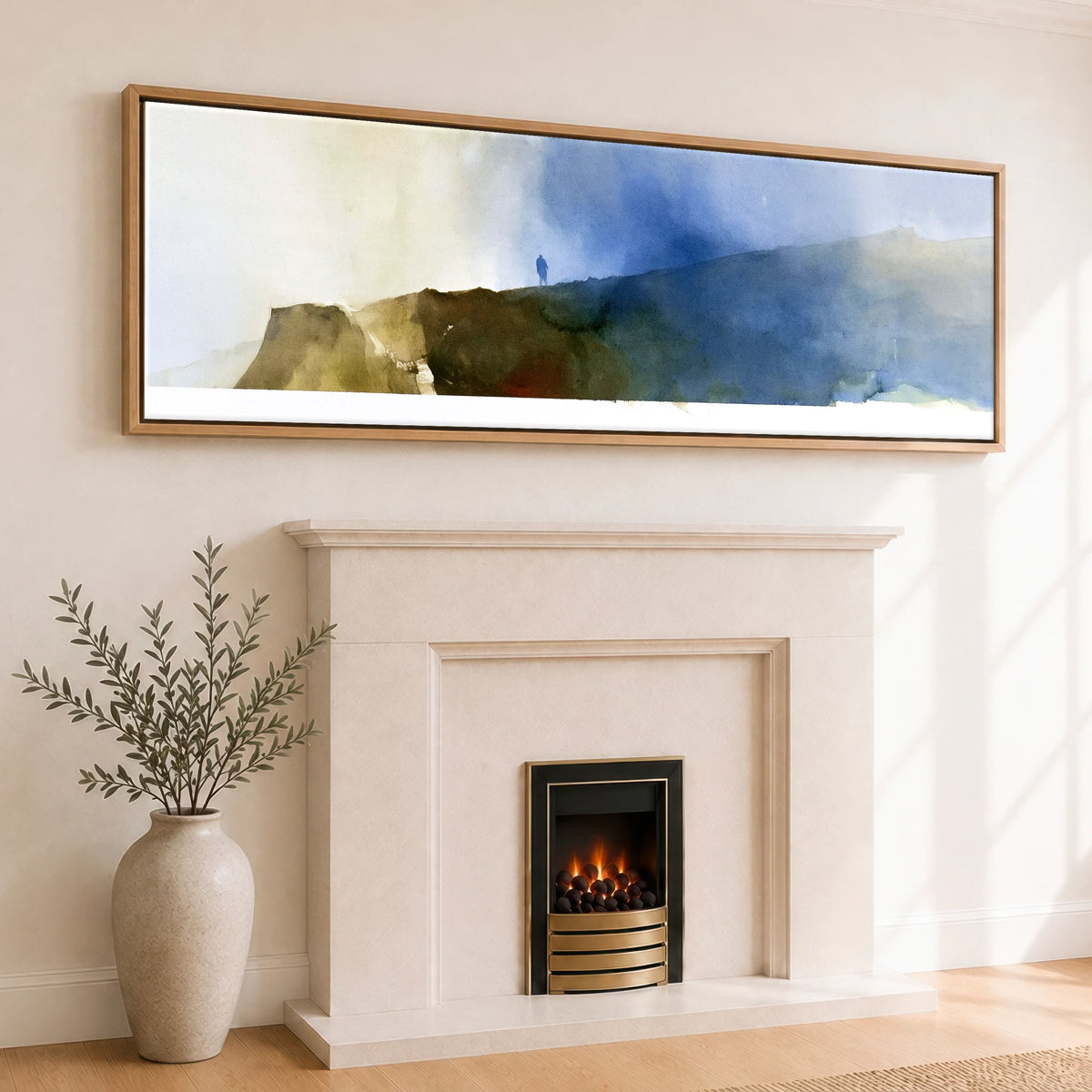 Striding Edge Fell Walker Silhouette Lake District Walking panoramic canvas wall art displayed above a fireplace
