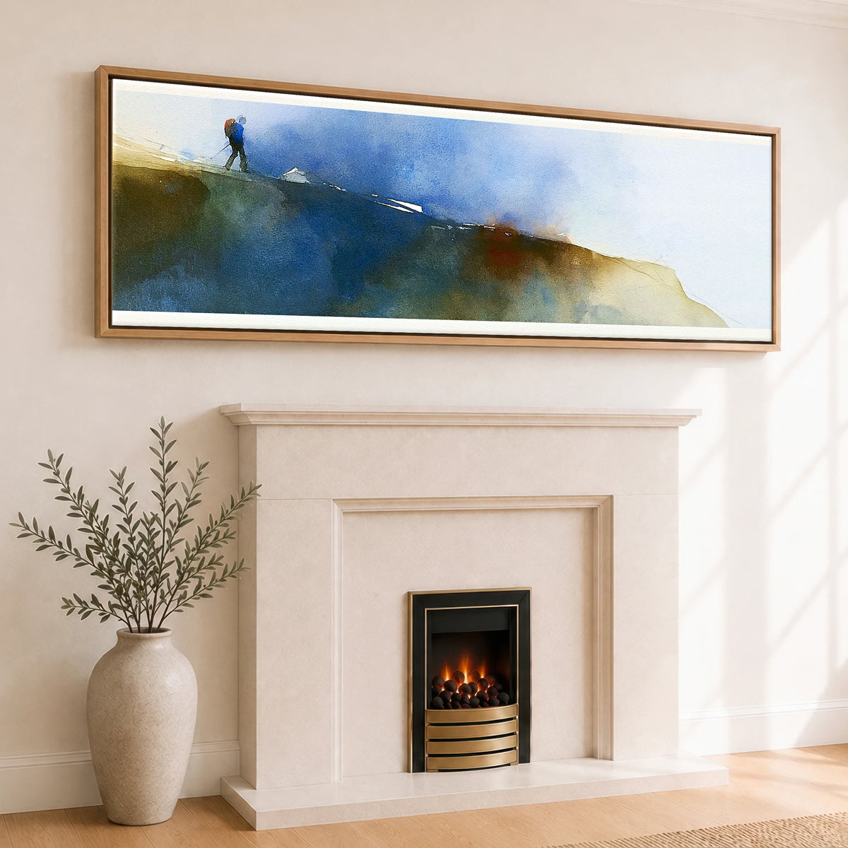 Fell Walker on Moody Striding Edge Lake District Walking panoramic canvas wall art displayed above a fireplace