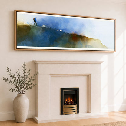 Fell Walker on Moody Striding Edge Lake District Walking panoramic canvas wall art displayed above a fireplace