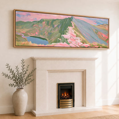 Pastel Light on Striding Edge Lake District Walking panoramic canvas wall art displayed above a fireplace