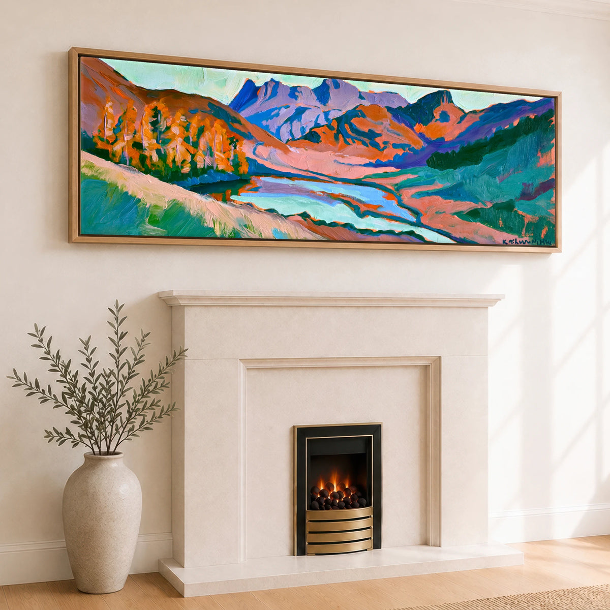 Vibrant Langdale Pikes and Blea Tarn Larches Lake District Lake panoramic canvas wall art displayed above a fireplace