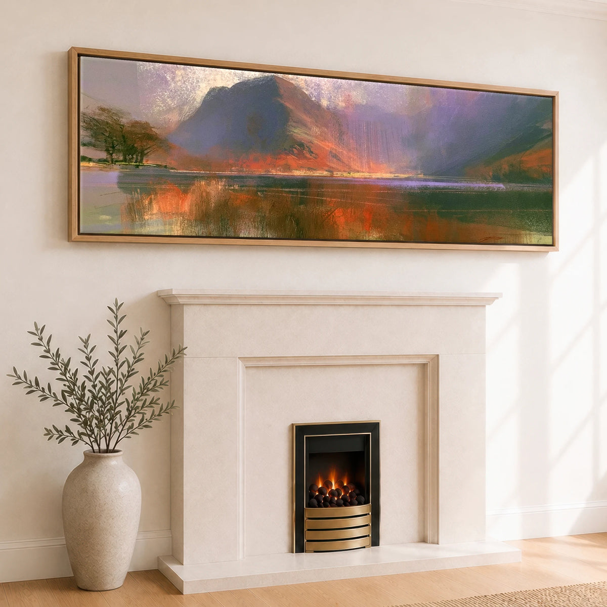 Violet Fells Above Buttermere Lake District Lake panoramic canvas wall art displayed above a fireplace