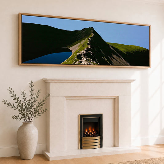 Dramatic Shadows on Striding Edge Helvellyn Lake District Walking panoramic canvas wall art displayed above a fireplace