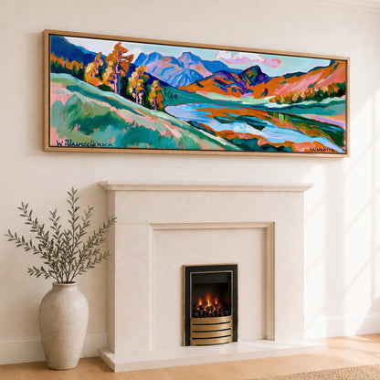 Vibrant Autumn Larches at Blea Tarn Lake District Lake panoramic canvas wall art displayed above a fireplace