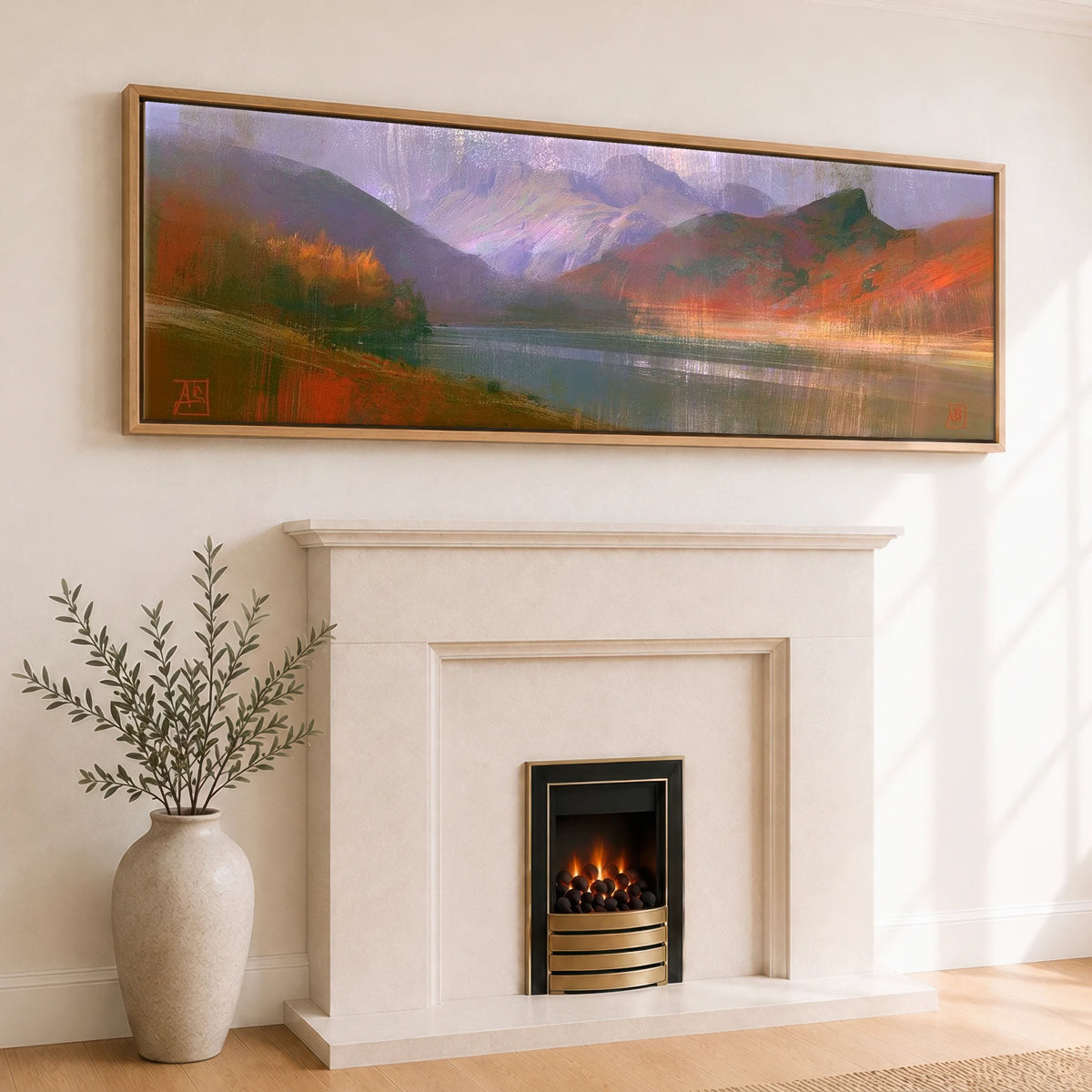 Autumn Colours at Blea Tarn Lake District Lake panoramic canvas wall art displayed above a fireplace