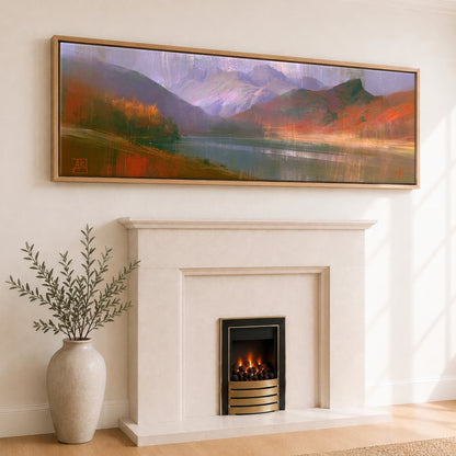 Autumn Colours at Blea Tarn Lake District Lake panoramic canvas wall art displayed above a fireplace