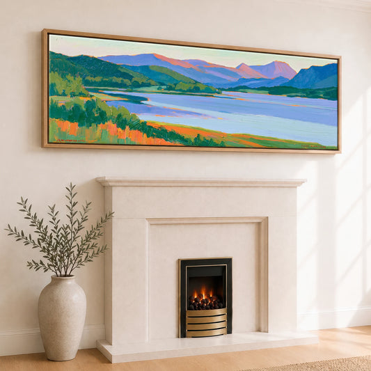 Vibrant Golden Hour Over Derwentwater Lake District Sky panoramic canvas wall art displayed above a fireplace