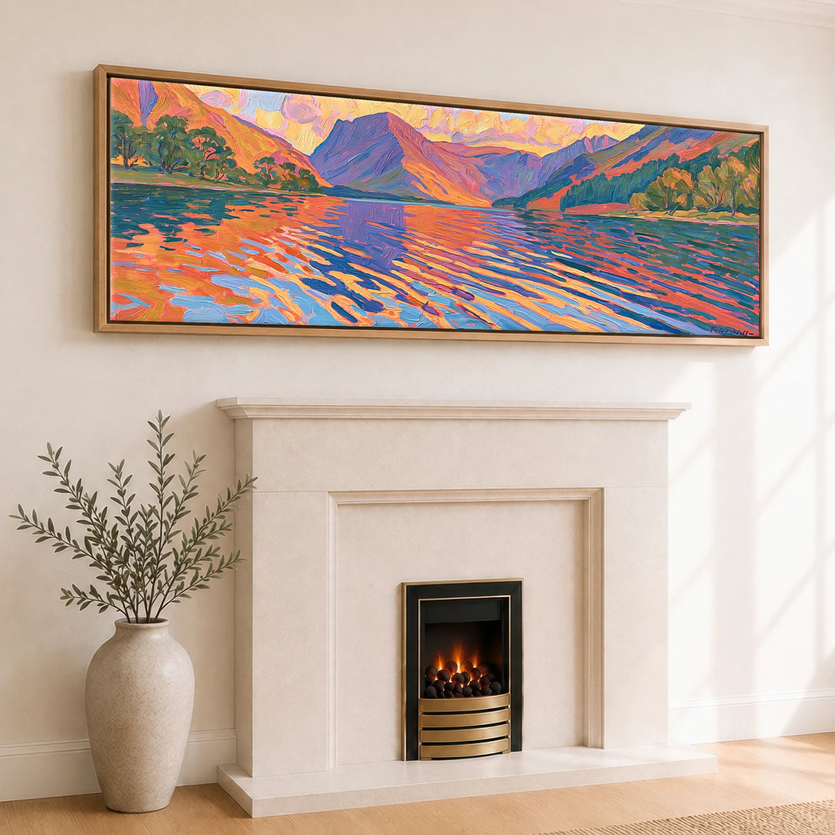 Sunset Glow over Wastwater Fells Lake District Lake panoramic canvas wall art displayed above a fireplace